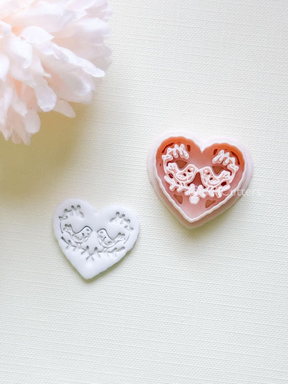 Love Birds Clay Cutter Set: Scalloped Heart with Floral Bird Embossed Design