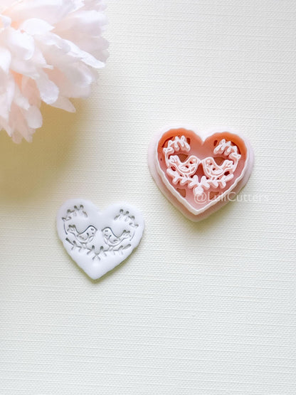 Love Birds Clay Cutter Set: Scalloped Heart with Floral Bird Embossed Design