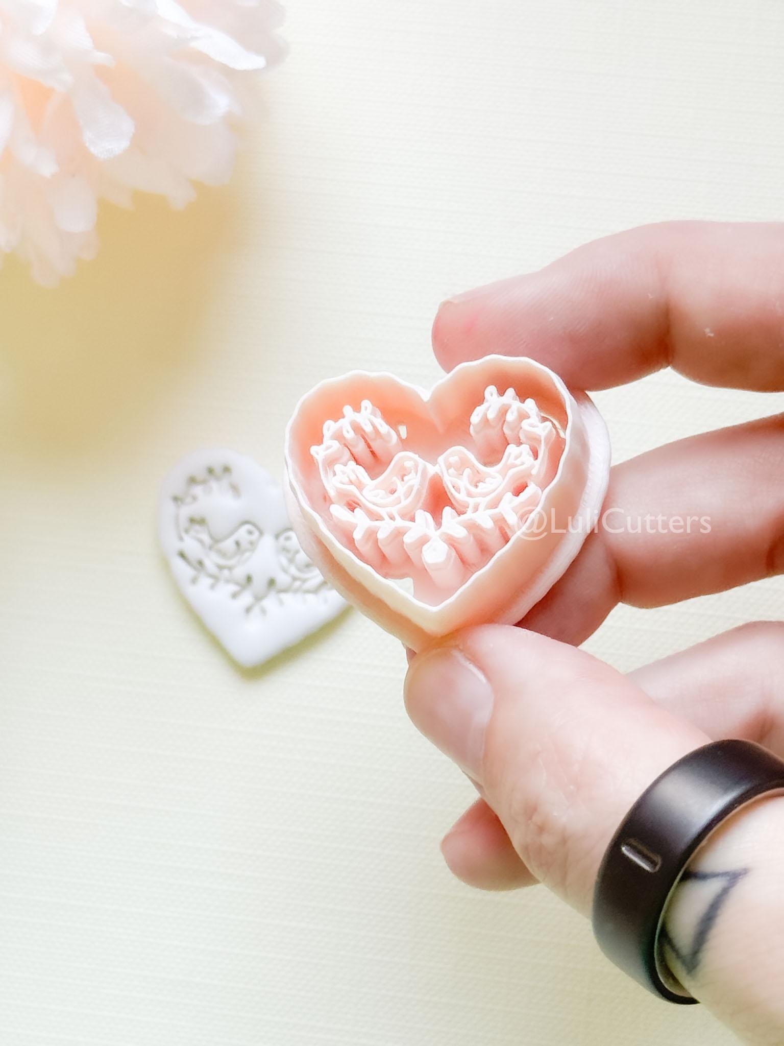 Love Birds Clay Cutter Set: Scalloped Heart with Floral Bird Embossed Design