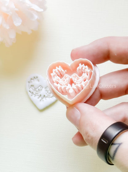 Love Birds Clay Cutter Set: Scalloped Heart with Floral Bird Embossed Design