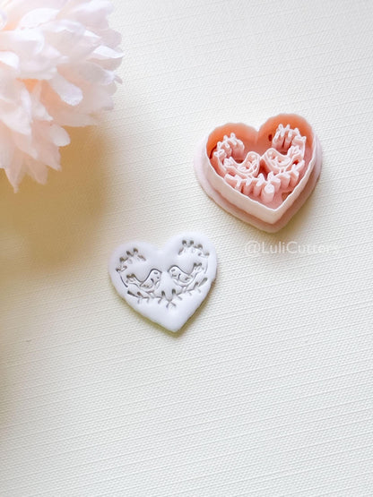 Love Birds Clay Cutter Set: Scalloped Heart with Floral Bird Embossed Design