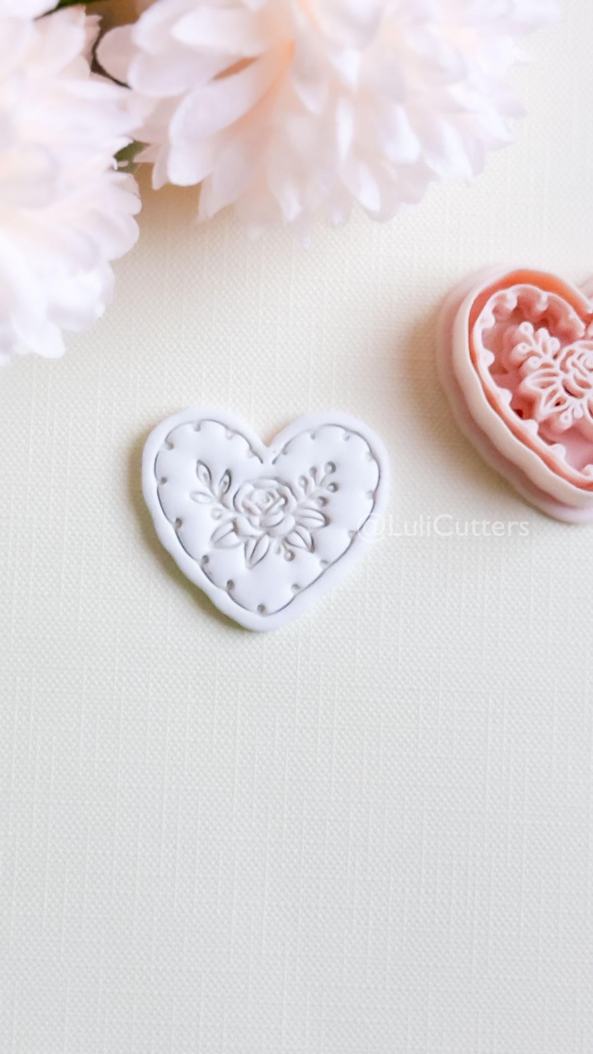 Rosy Lace Heart Clay Cutter Set: Floral Rose Design with Scalloped Detailing