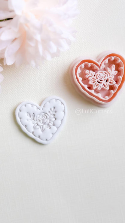 Rosy Lace Heart Clay Cutter Set: Floral Rose Design with Scalloped Detailing