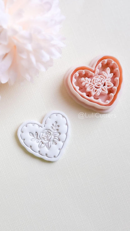 Rosy Lace Heart Clay Cutter Set: Floral Rose Design with Scalloped Detailing