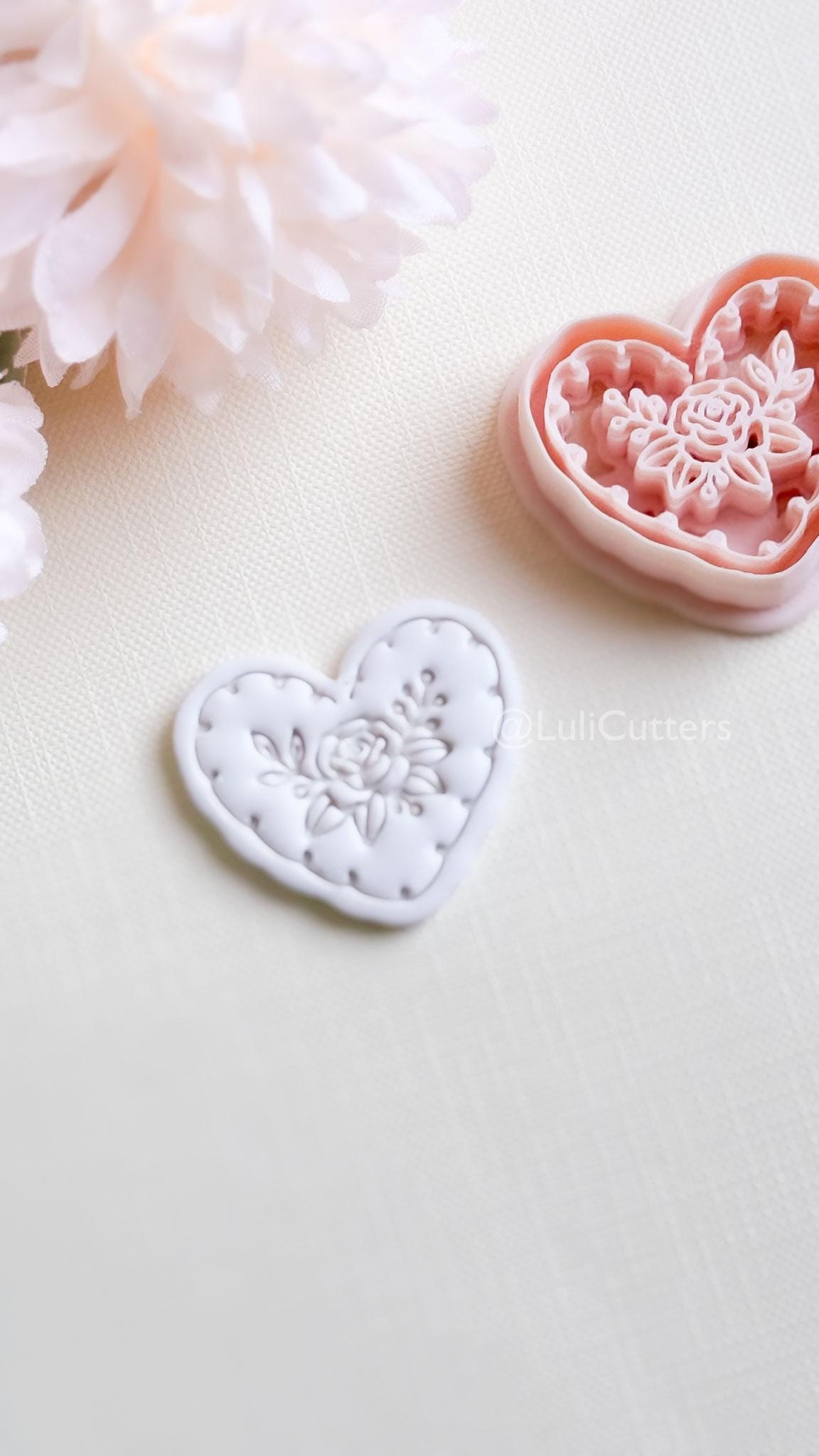Rosy Lace Heart Clay Cutter Set: Floral Rose Design with Scalloped Detailing