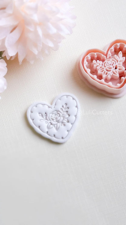 Rosy Lace Heart Clay Cutter Set: Floral Rose Design with Scalloped Detailing