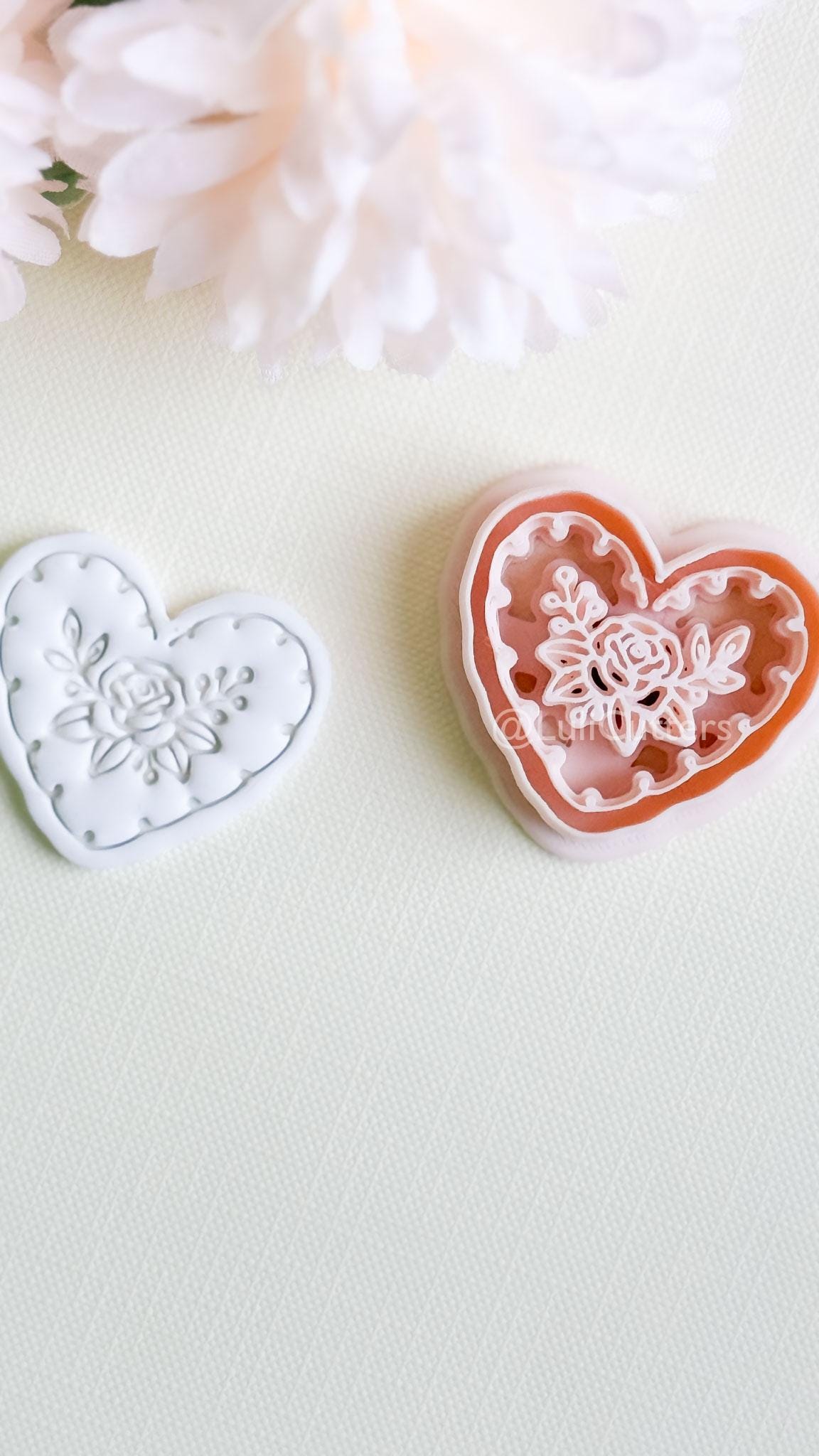 Rosy Lace Heart Clay Cutter Set: Floral Rose Design with Scalloped Detailing