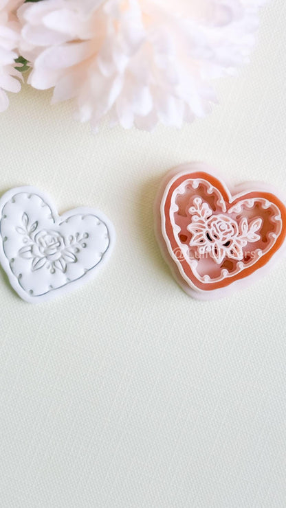 Rosy Lace Heart Clay Cutter Set: Floral Rose Design with Scalloped Detailing