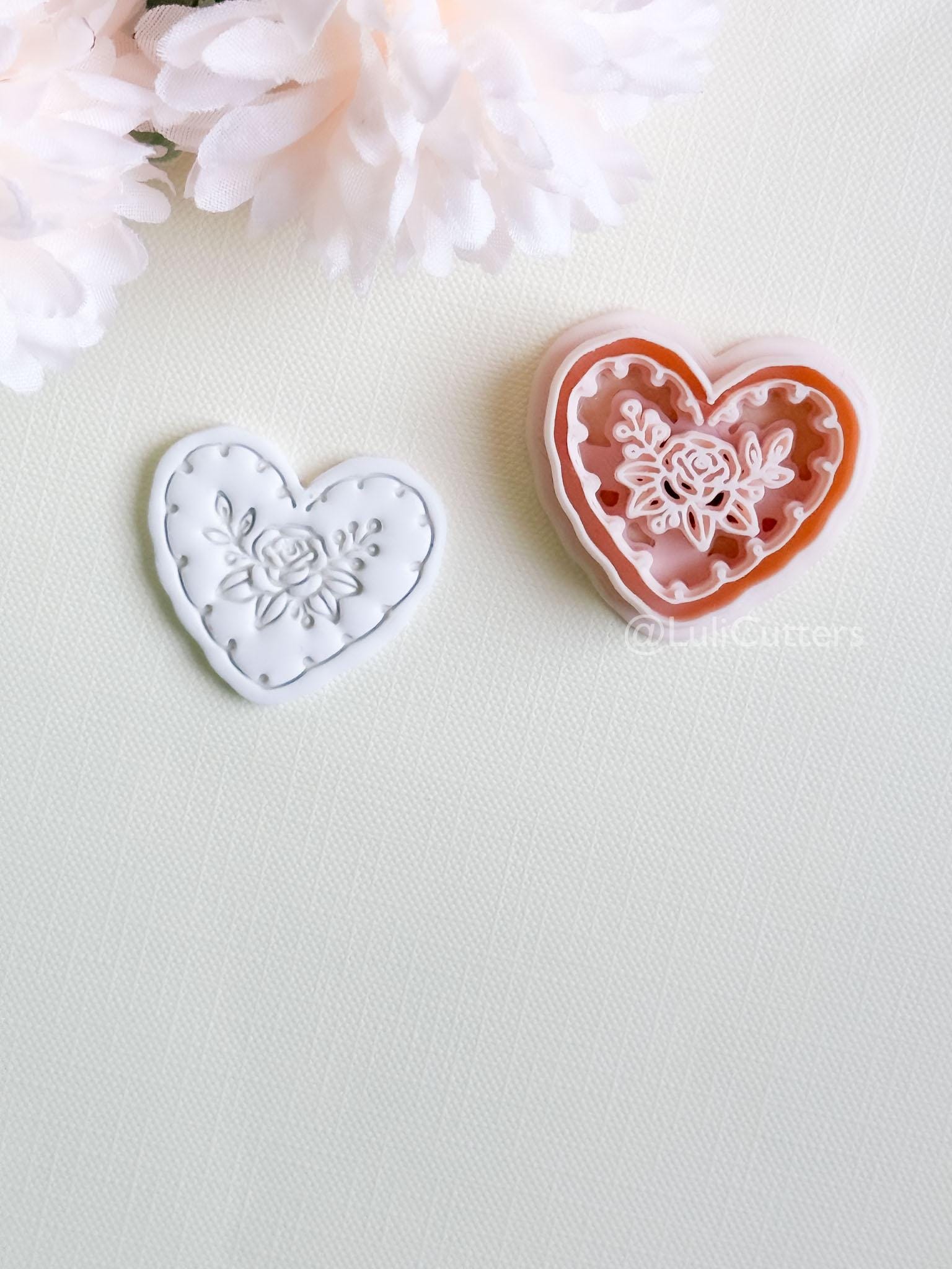 Rosy Lace Heart Clay Cutter Set: Floral Rose Design with Scalloped Detailing