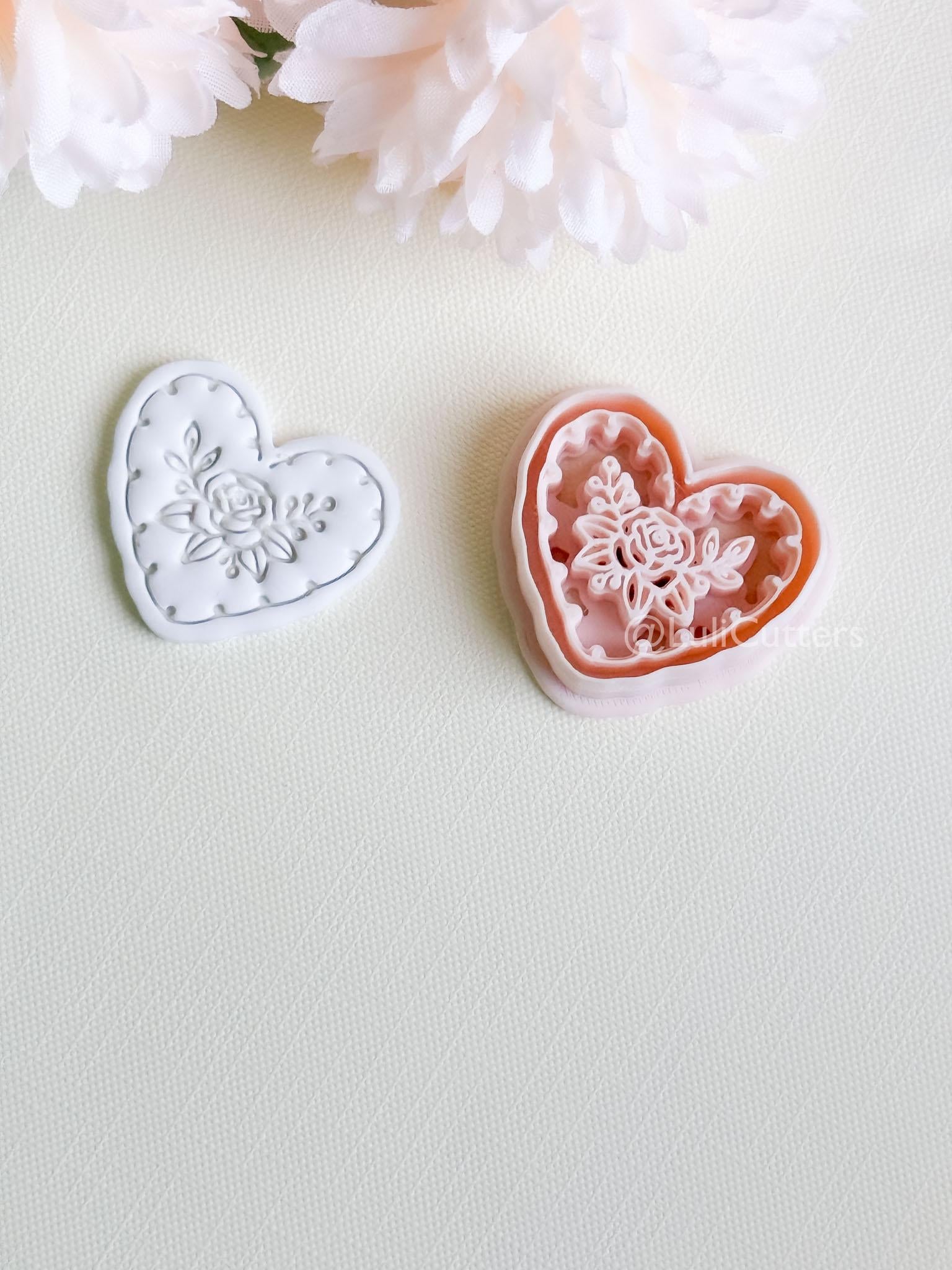 Rosy Lace Heart Clay Cutter Set: Floral Rose Design with Scalloped Detailing