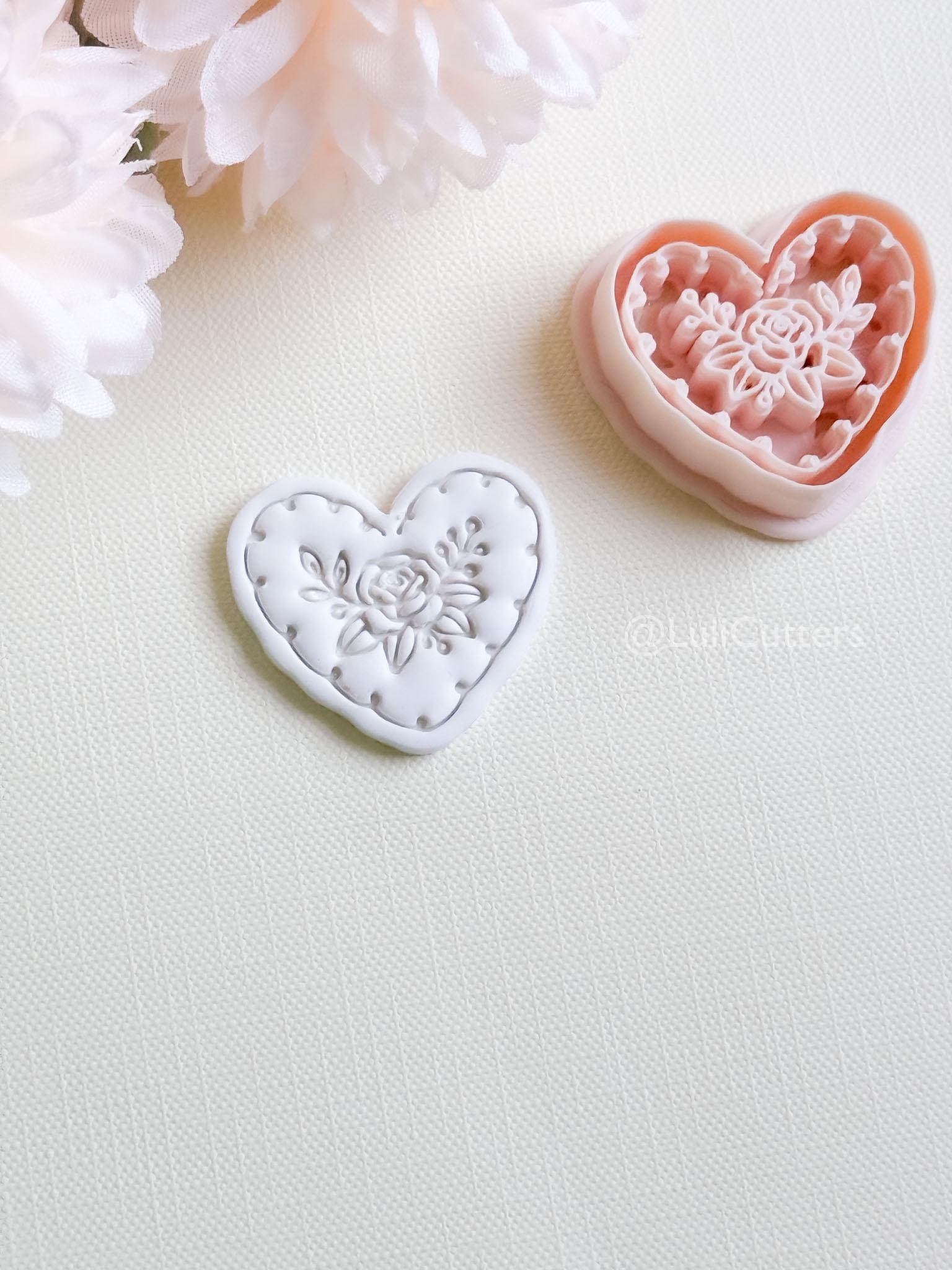 Rosy Lace Heart Clay Cutter Set: Floral Rose Design with Scalloped Detailing