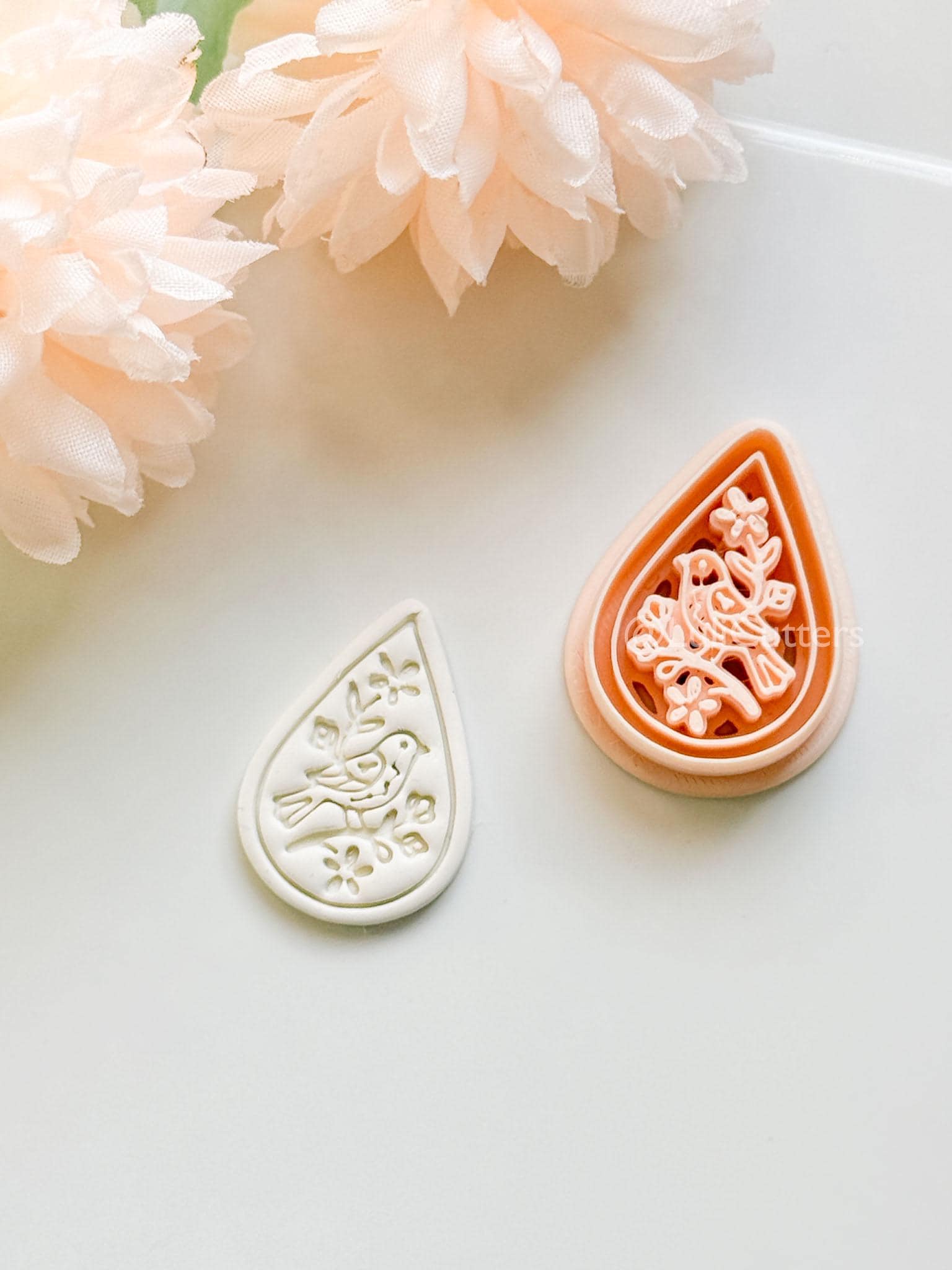 Garden Chirp Clay Cutter Set: Teardrop Floral Bird Embossed Design