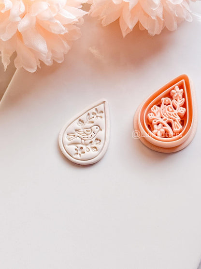 Garden Chirp Clay Cutter Set: Teardrop Floral Bird Embossed Design
