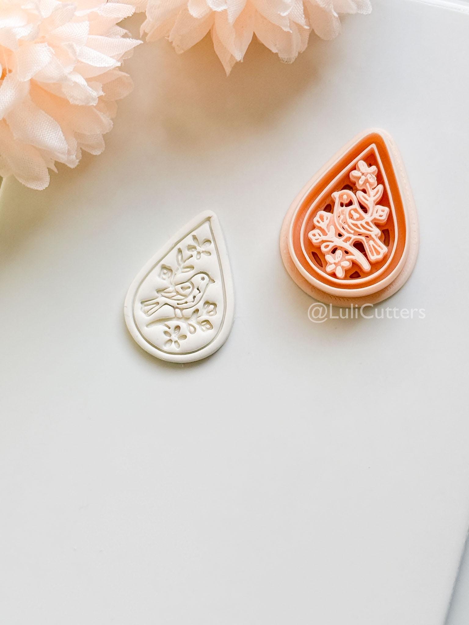 Garden Chirp Clay Cutter Set: Teardrop Floral Bird Embossed Design