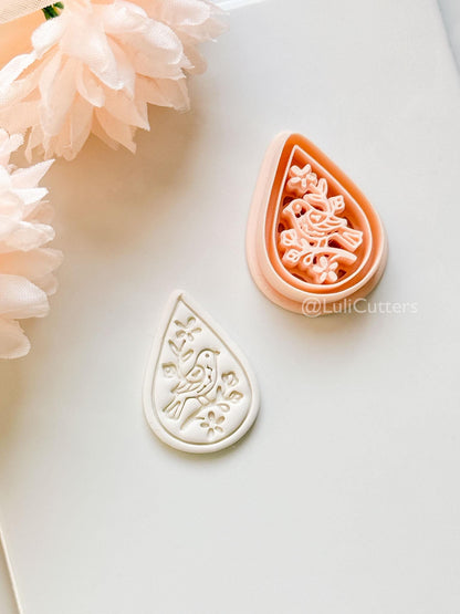 Garden Chirp Clay Cutter Set: Teardrop Floral Bird Embossed Design