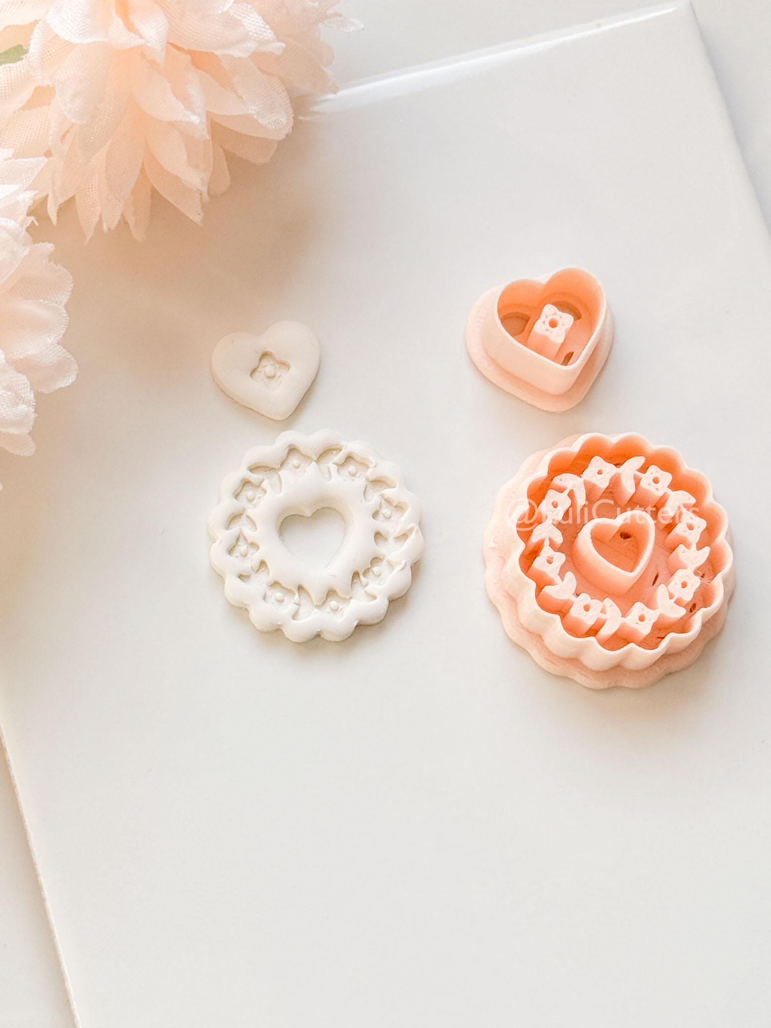 Blooming Halo Clay Cutter Set: Floral Heart Embossed Scallop Design