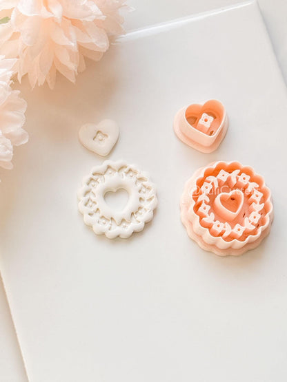 Blooming Halo Clay Cutter Set: Floral Heart Embossed Scallop Design