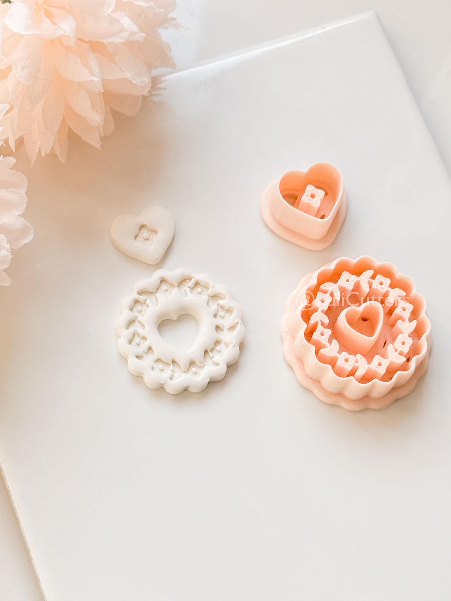 Blooming Halo Clay Cutter Set: Floral Heart Embossed Scallop Design