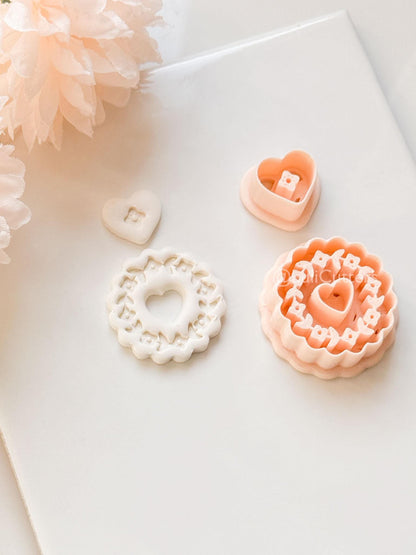 Blooming Halo Clay Cutter Set: Floral Heart Embossed Scallop Design