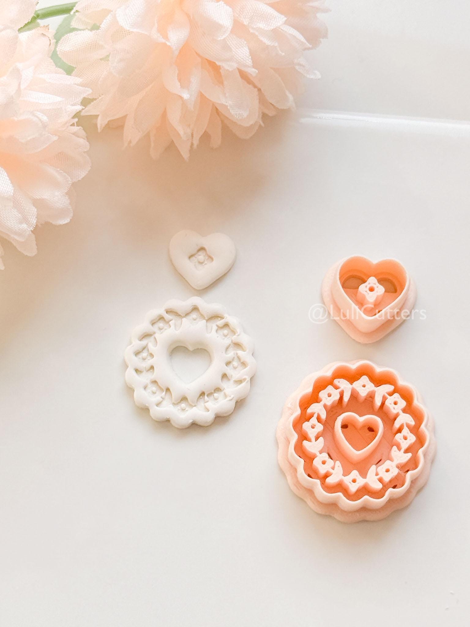 Blooming Halo Clay Cutter Set: Floral Heart Embossed Scallop Design
