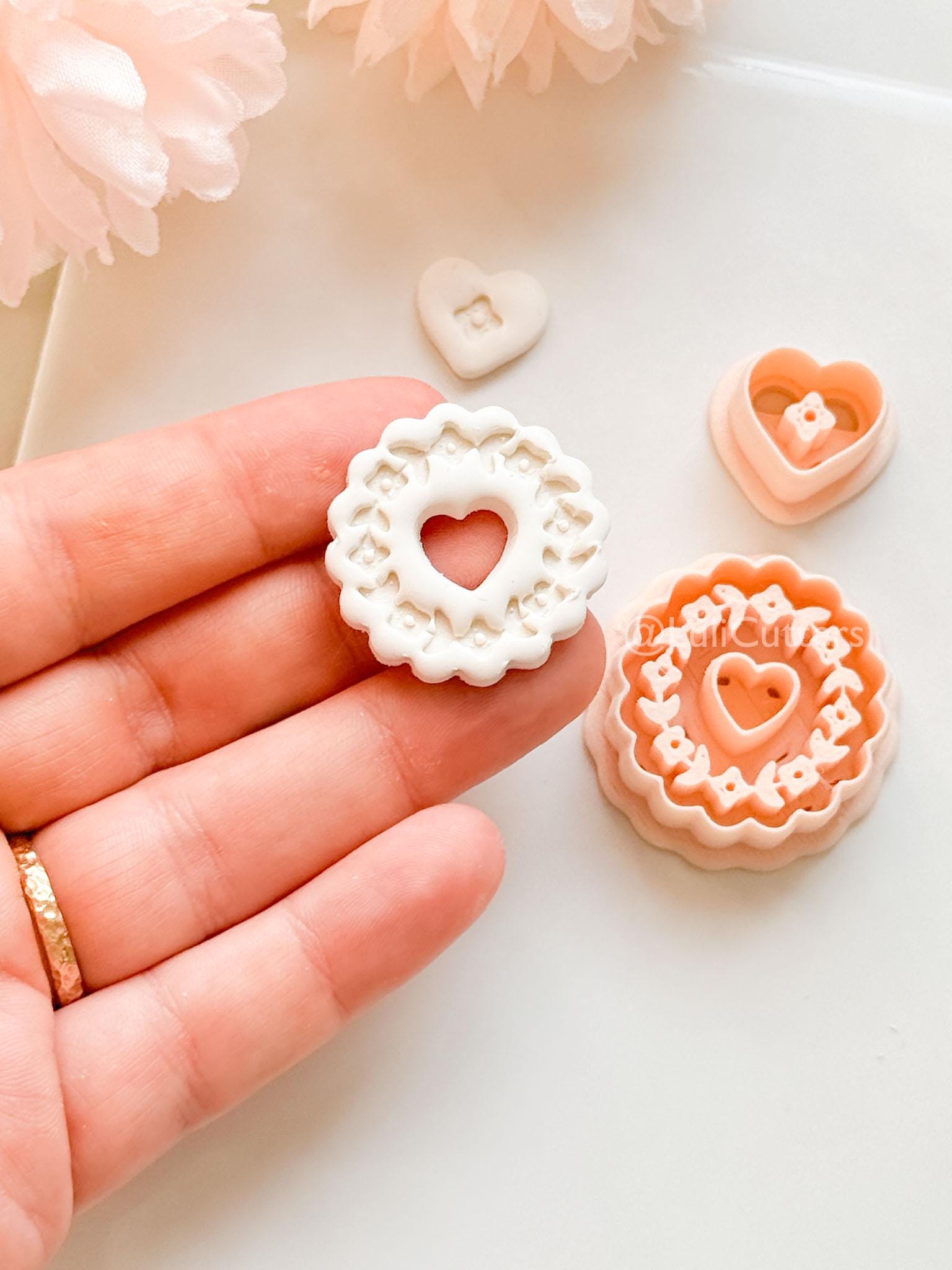 Blooming Halo Clay Cutter Set: Floral Heart Embossed Scallop Design