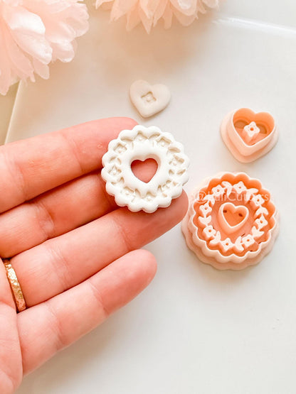 Blooming Halo Clay Cutter Set: Floral Heart Embossed Scallop Design