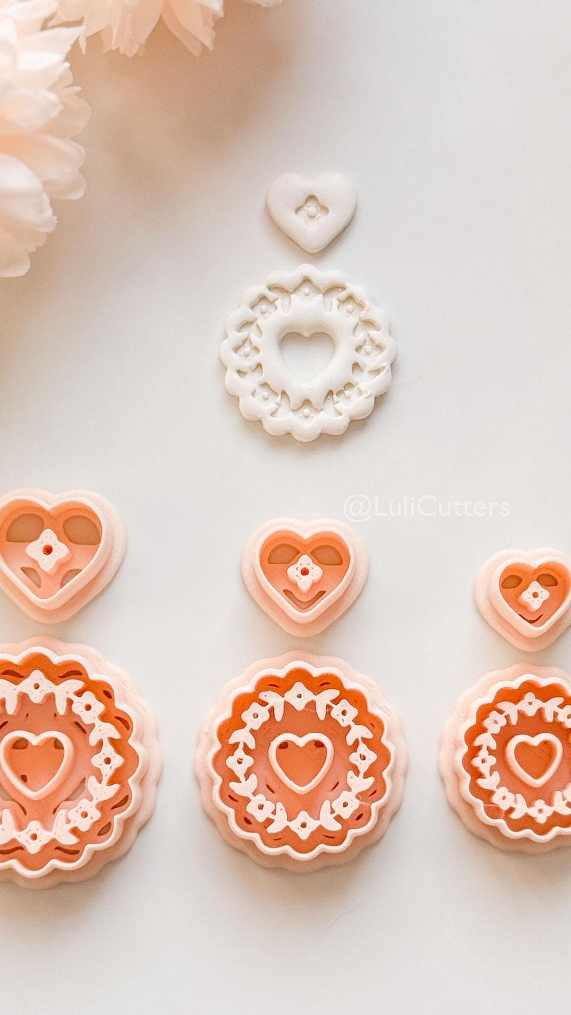 Blooming Halo Clay Cutter Set: Floral Heart Embossed Scallop Design