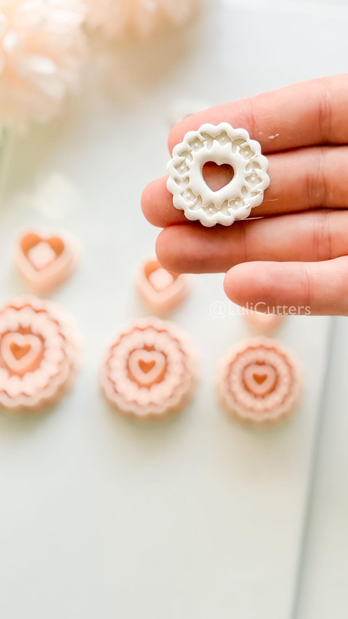 Blooming Halo Clay Cutter Set: Floral Heart Embossed Scallop Design