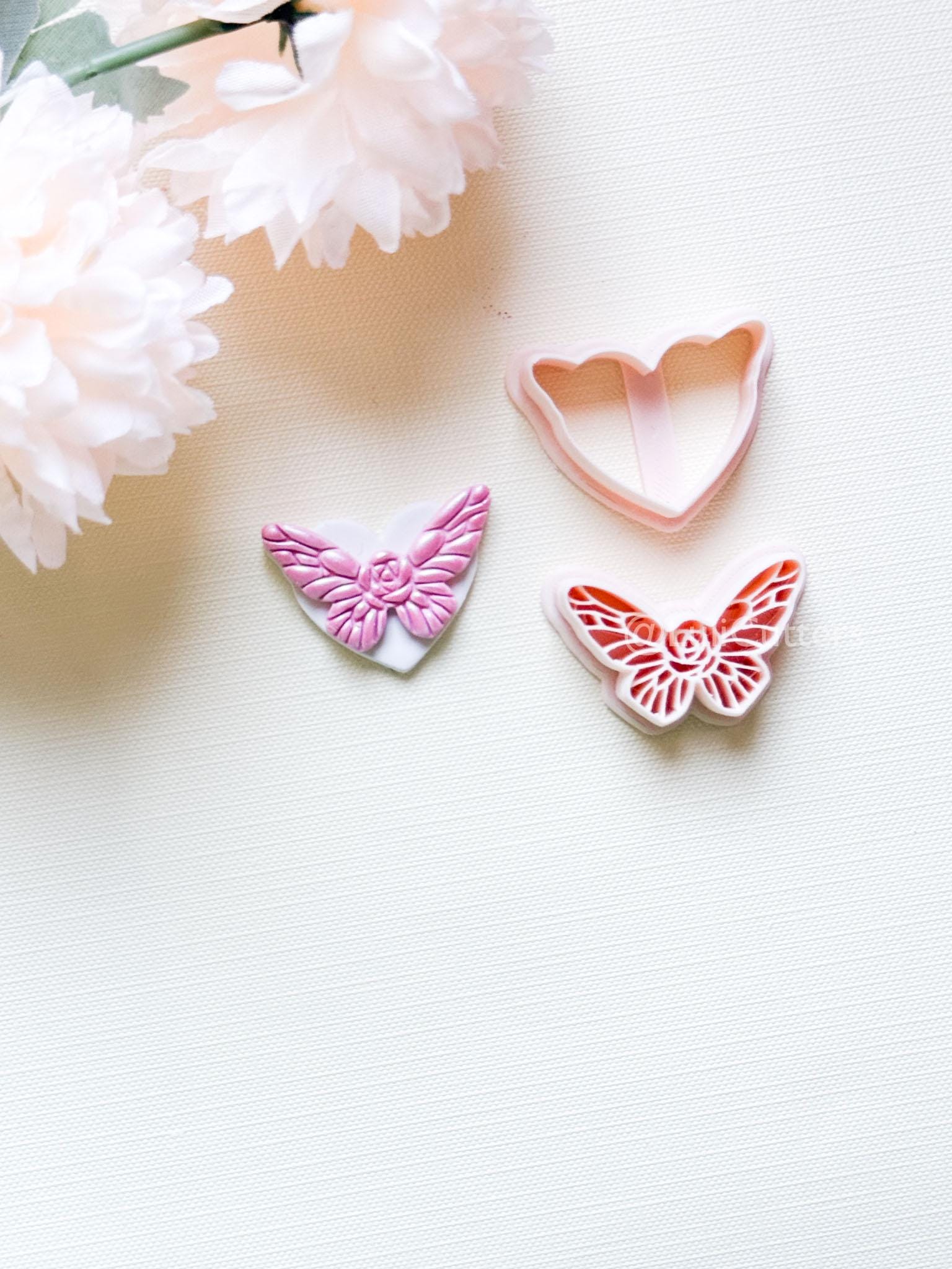 NoraFly Clay Cutter: Rose Butterfly Topper with Heart Base