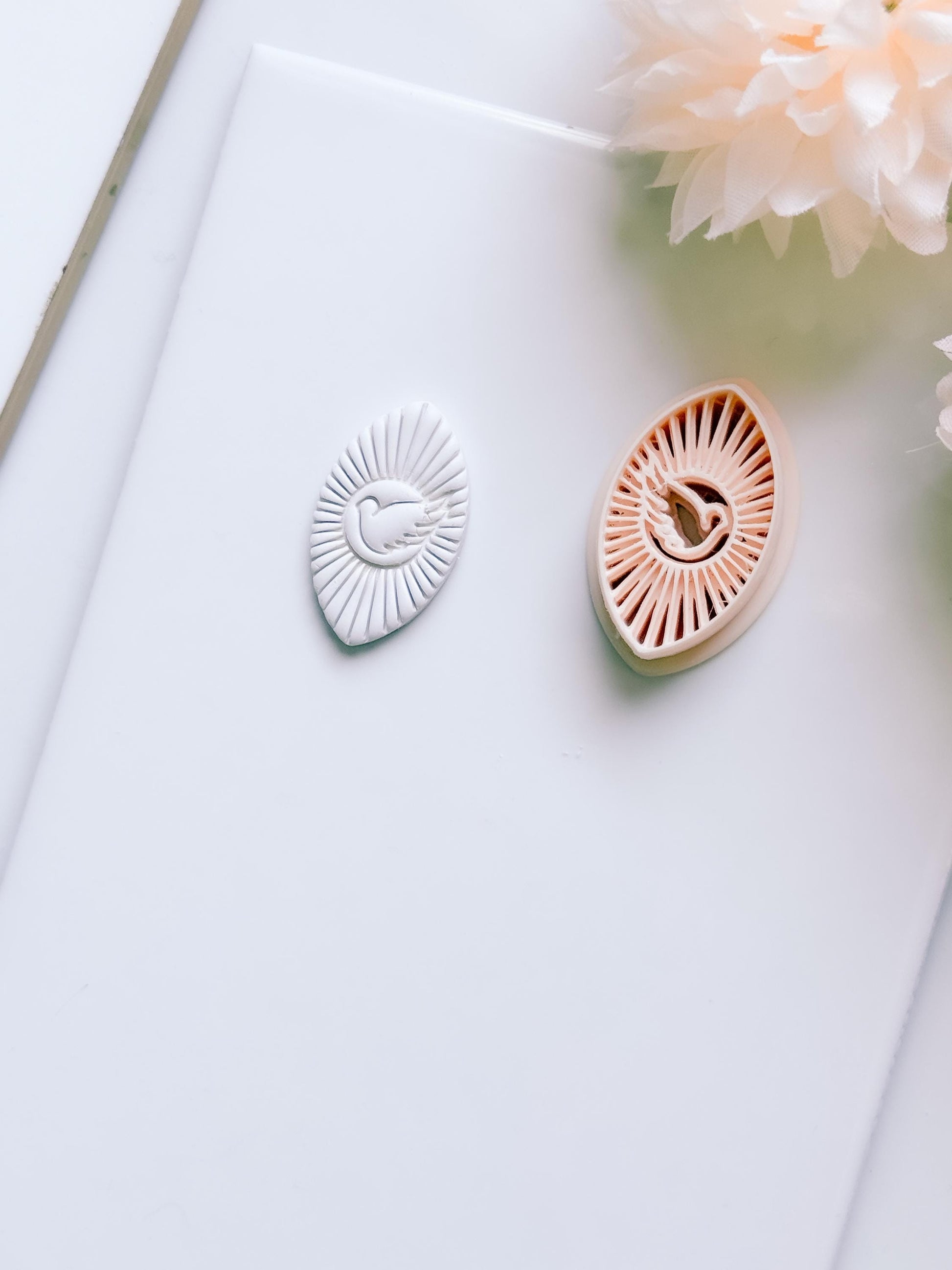 Radiant Dove Cutter: Winged Dove with Sunburst Shape for Polymer Clay