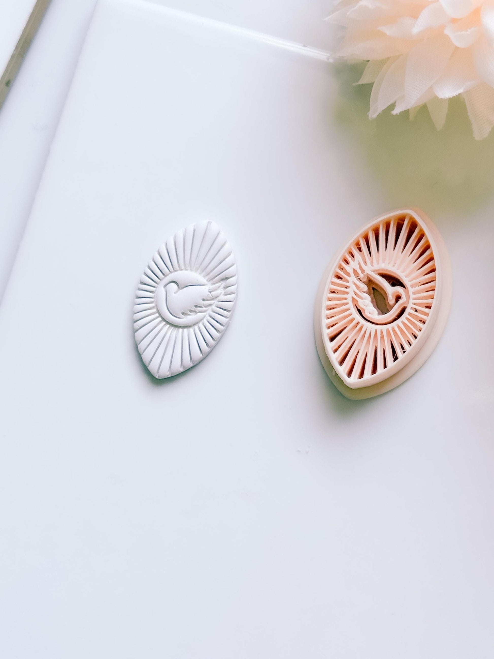 Radiant Dove Cutter: Winged Dove with Sunburst Shape for Polymer Clay