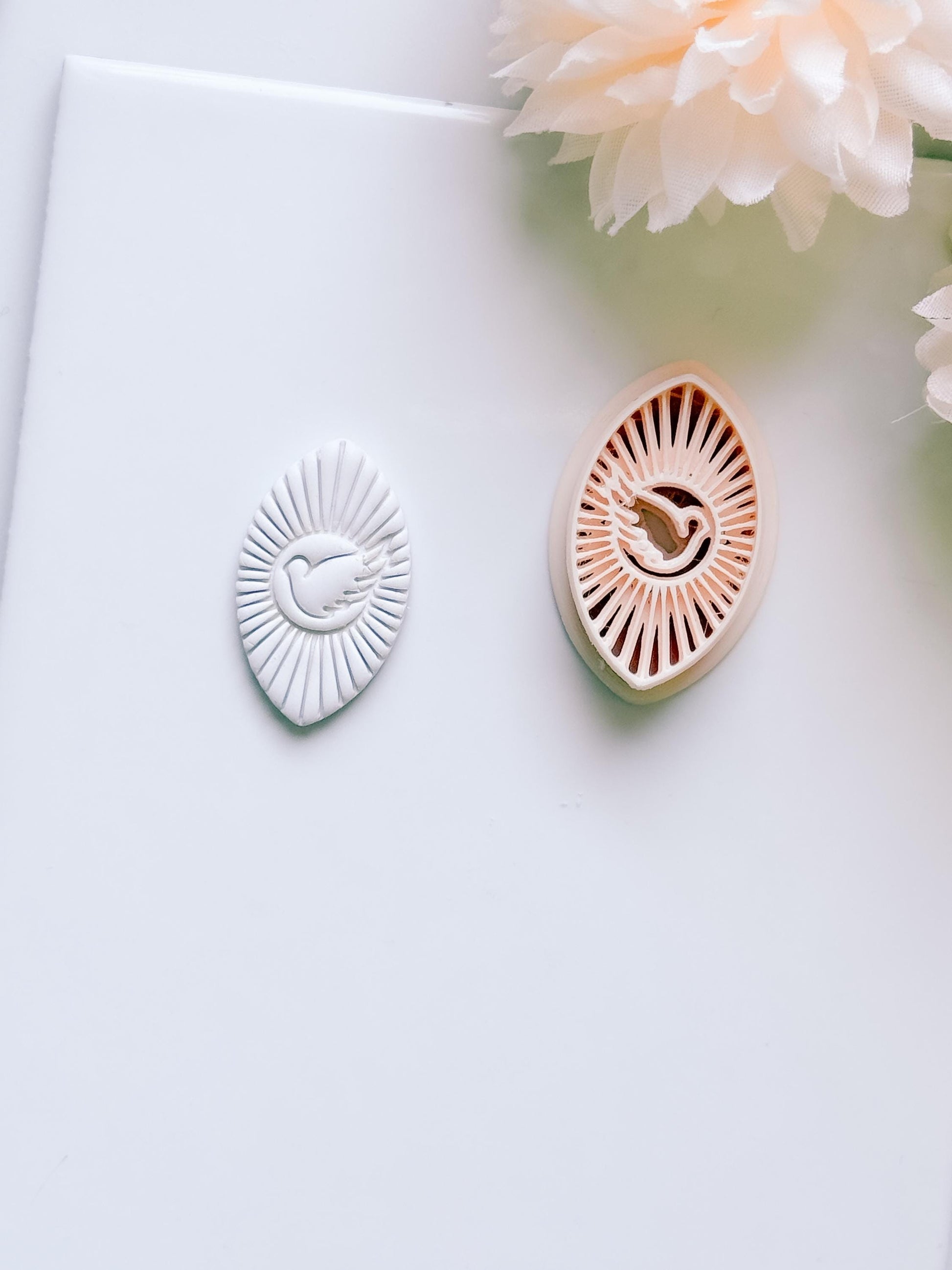 Radiant Dove Cutter: Winged Dove with Sunburst Shape for Polymer Clay