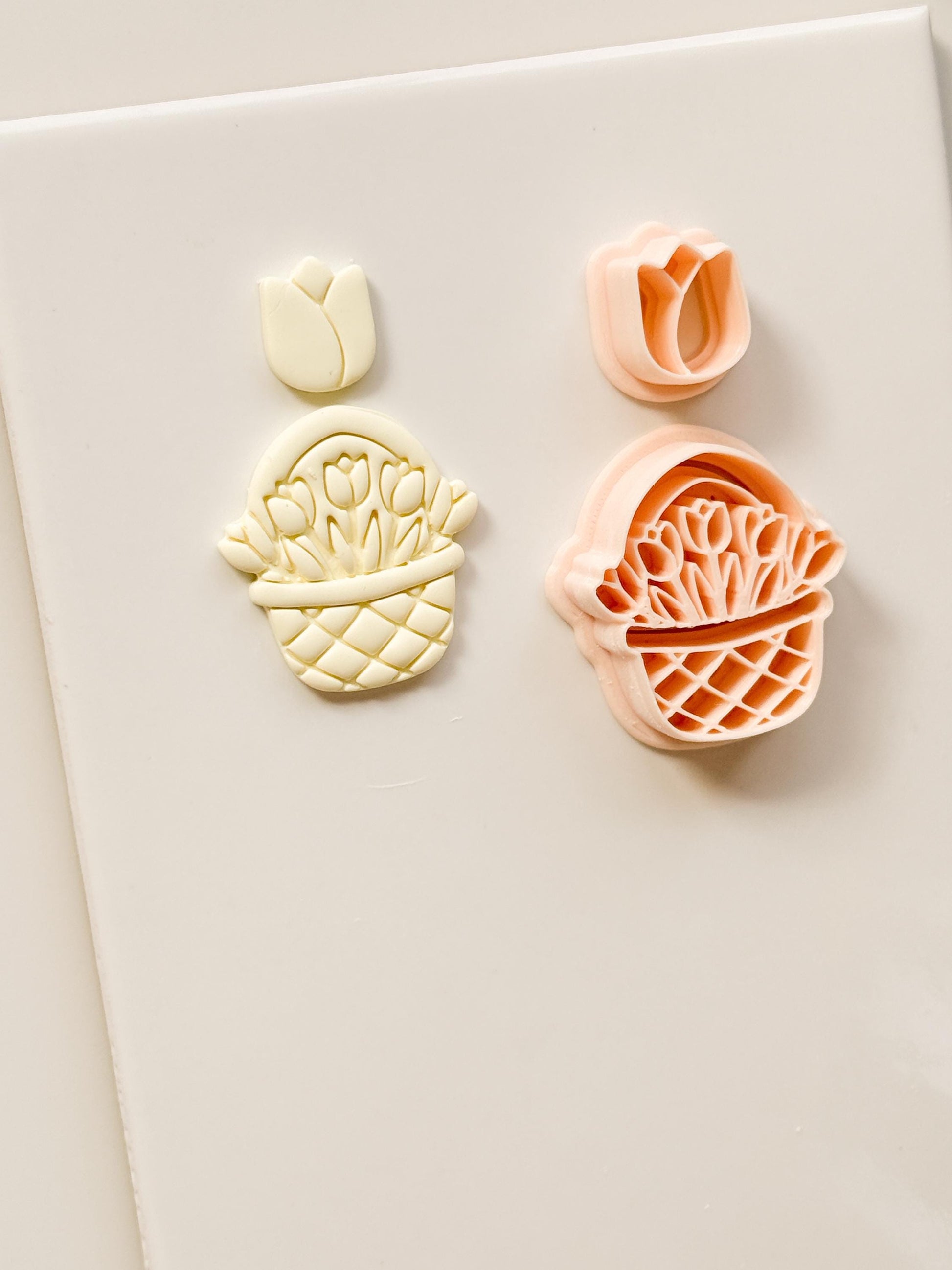 Tulip Basket Polymer Clay Cutter: Embossed Floral Set & Mini Bloom for Spring
