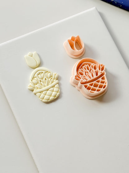 Tulip Basket Polymer Clay Cutter: Embossed Floral Set & Mini Bloom for Spring