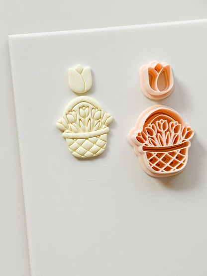 Tulip Basket Polymer Clay Cutter: Embossed Floral Set & Mini Bloom for Spring