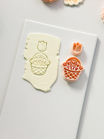 Tulip Basket Polymer Clay Cutter: Embossed Floral Set & Mini Bloom for Spring