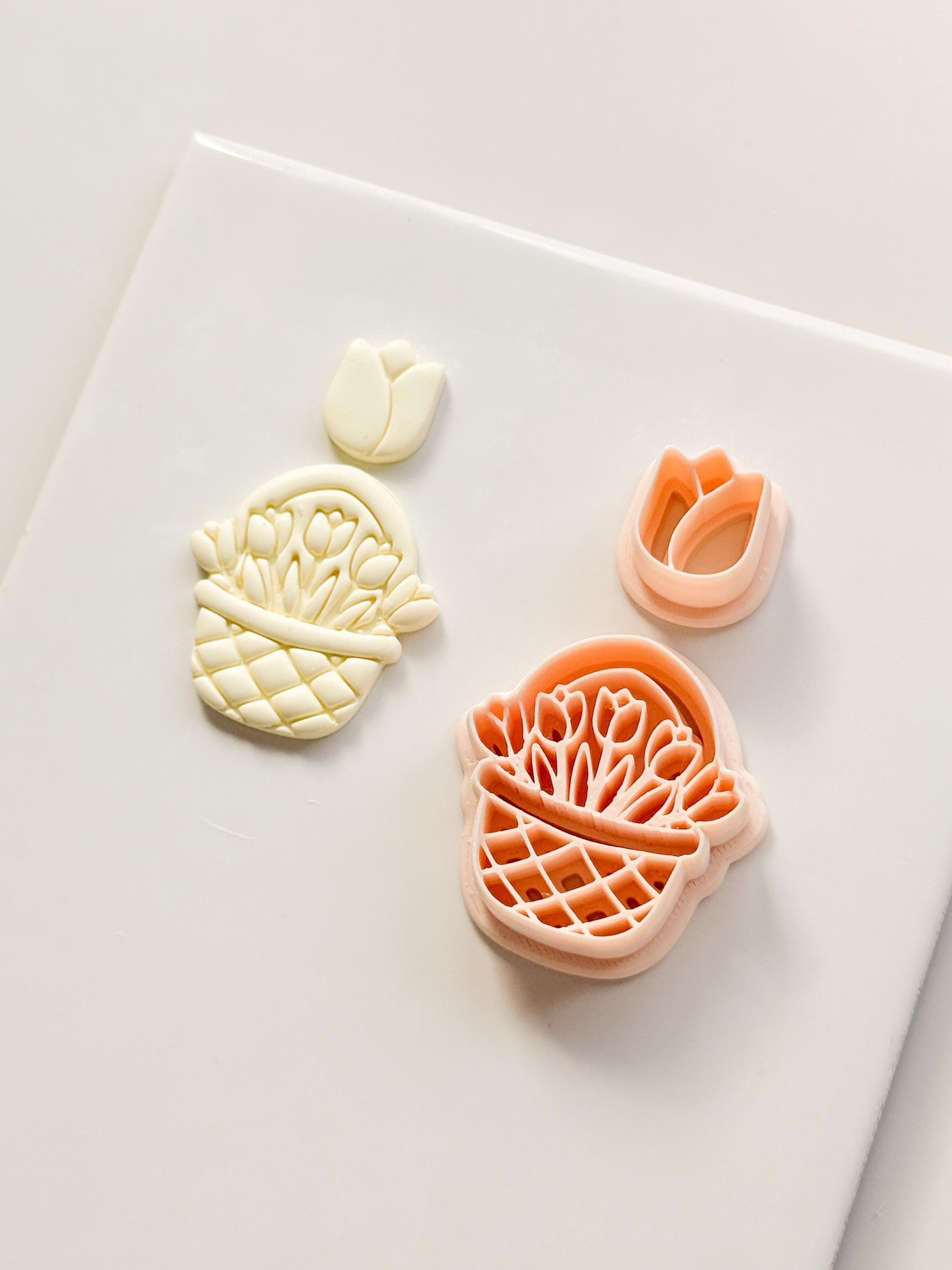 Tulip Basket Polymer Clay Cutter: Embossed Floral Set & Mini Bloom for Spring