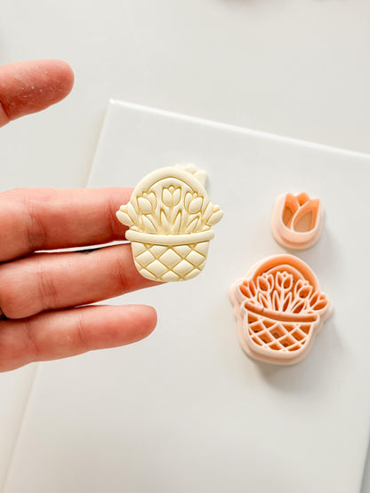 Tulip Basket Polymer Clay Cutter: Embossed Floral Set & Mini Bloom for Spring