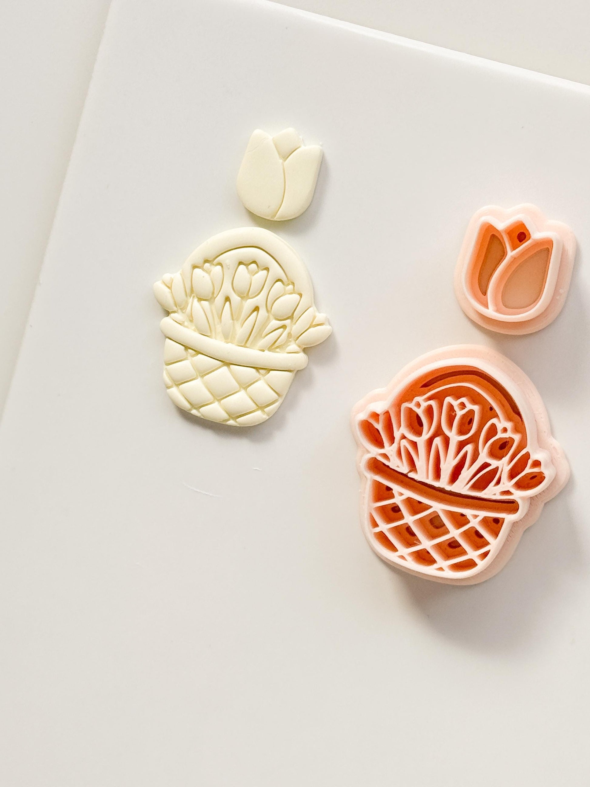 Tulip Basket Polymer Clay Cutter: Embossed Floral Set & Mini Bloom for Spring