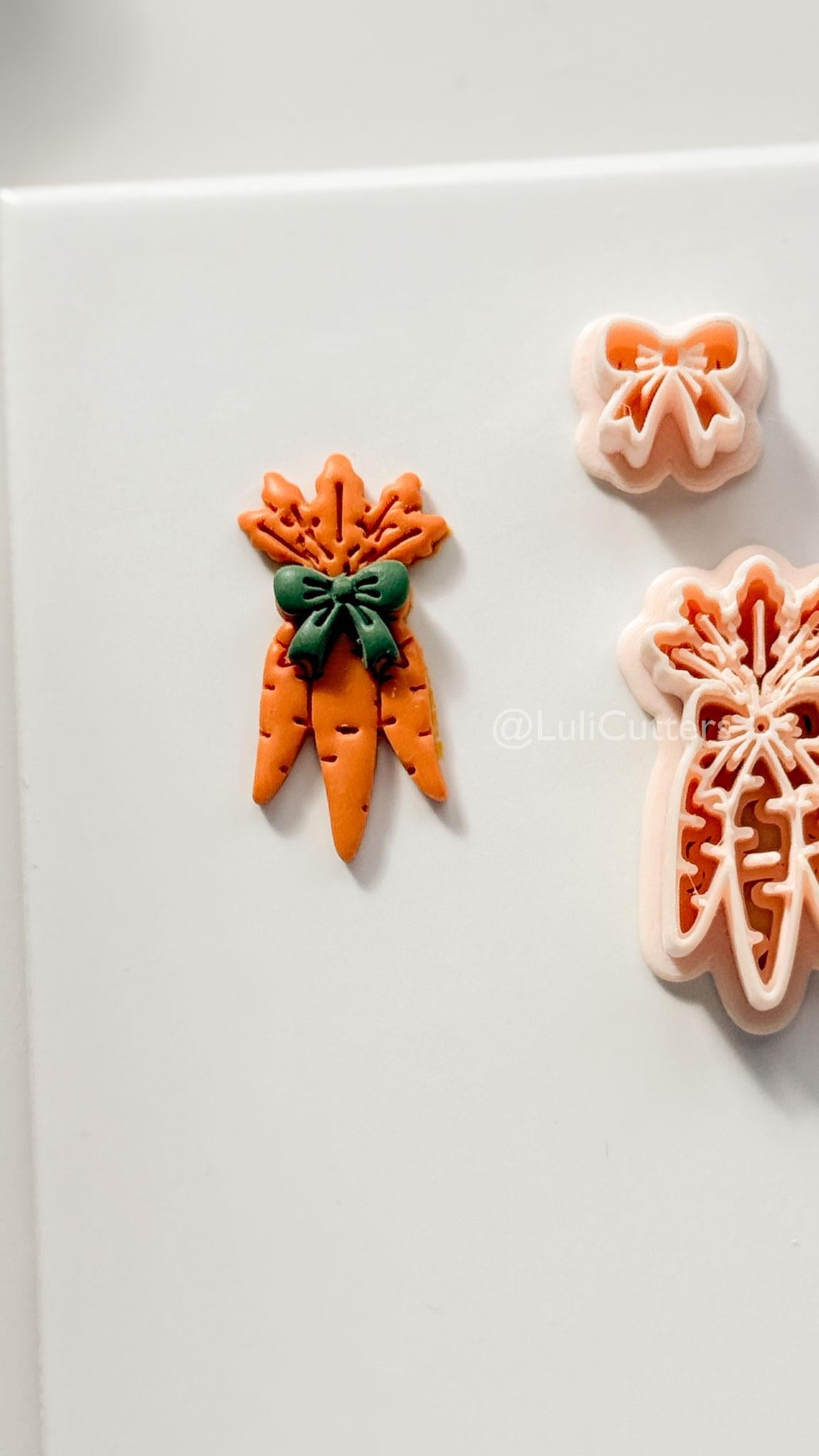 Bunny Bouquet Polymer Clay Cutter: Embossed Carrot Bunch & Bow for Easter