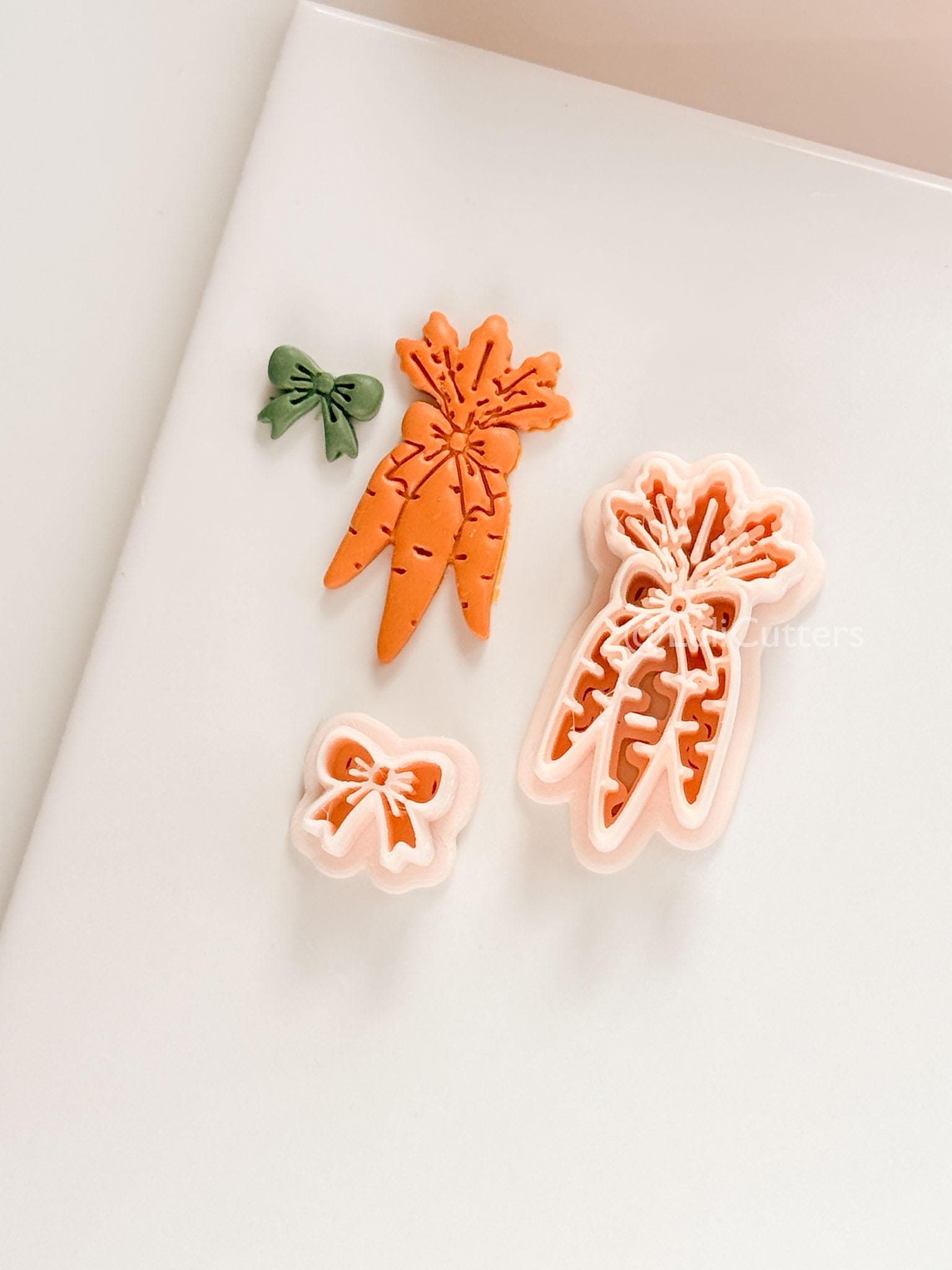 Bunny Bouquet Polymer Clay Cutter: Embossed Carrot Bunch & Bow for Easter