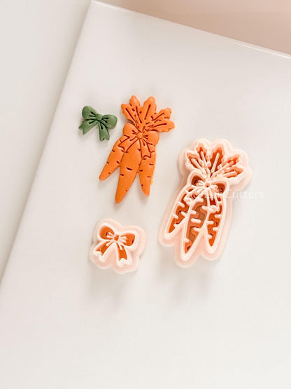Bunny Bouquet Polymer Clay Cutter: Embossed Carrot Bunch & Bow for Easter