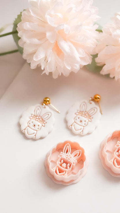 Daisy Bunny Polymer Clay Cutter: Scalloped Edge Floral Rabbit