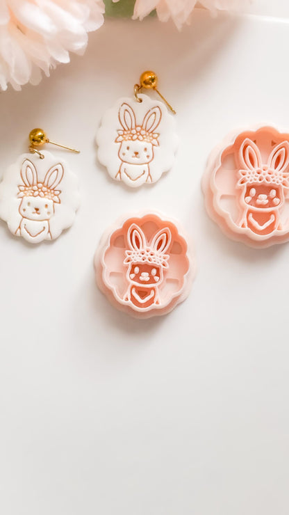 Daisy Bunny Polymer Clay Cutter: Scalloped Edge Floral Rabbit