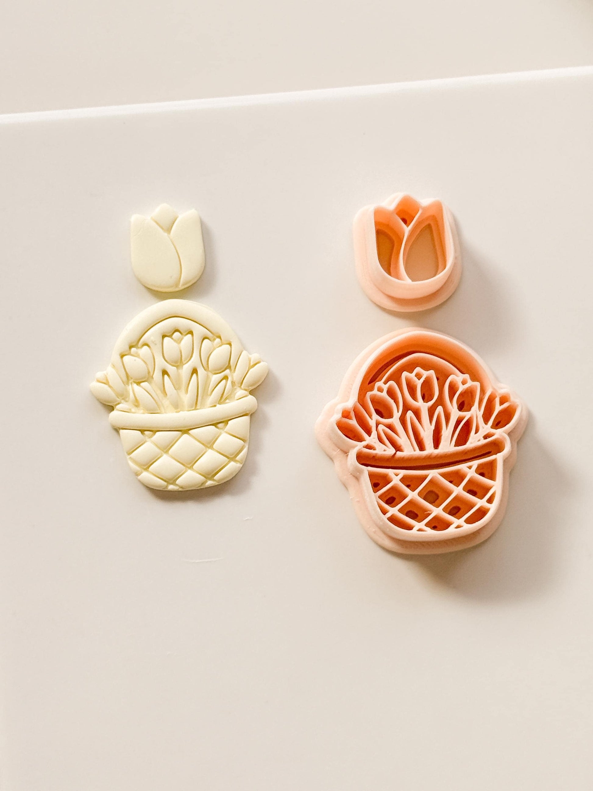 Tulip Basket Polymer Clay Cutter: Embossed Floral Set & Mini Bloom for Spring