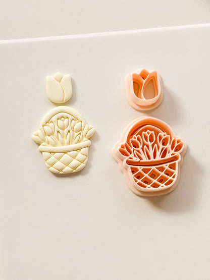 Tulip Basket Polymer Clay Cutter: Embossed Floral Set & Mini Bloom for Spring