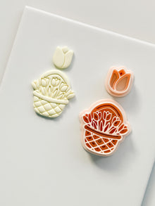 Tulip Basket Polymer Clay Cutter: Embossed Floral Set & Mini Bloom for Spring