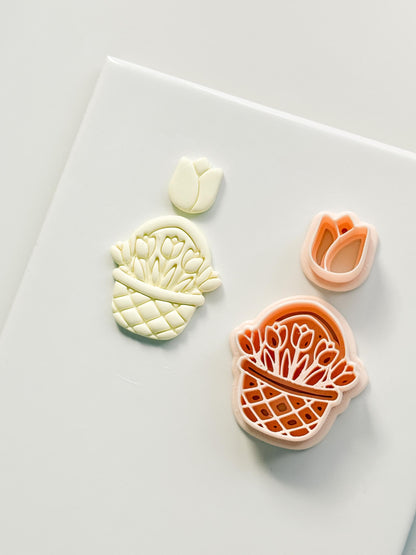 Tulip Basket Polymer Clay Cutter: Embossed Floral Set & Mini Bloom for Spring