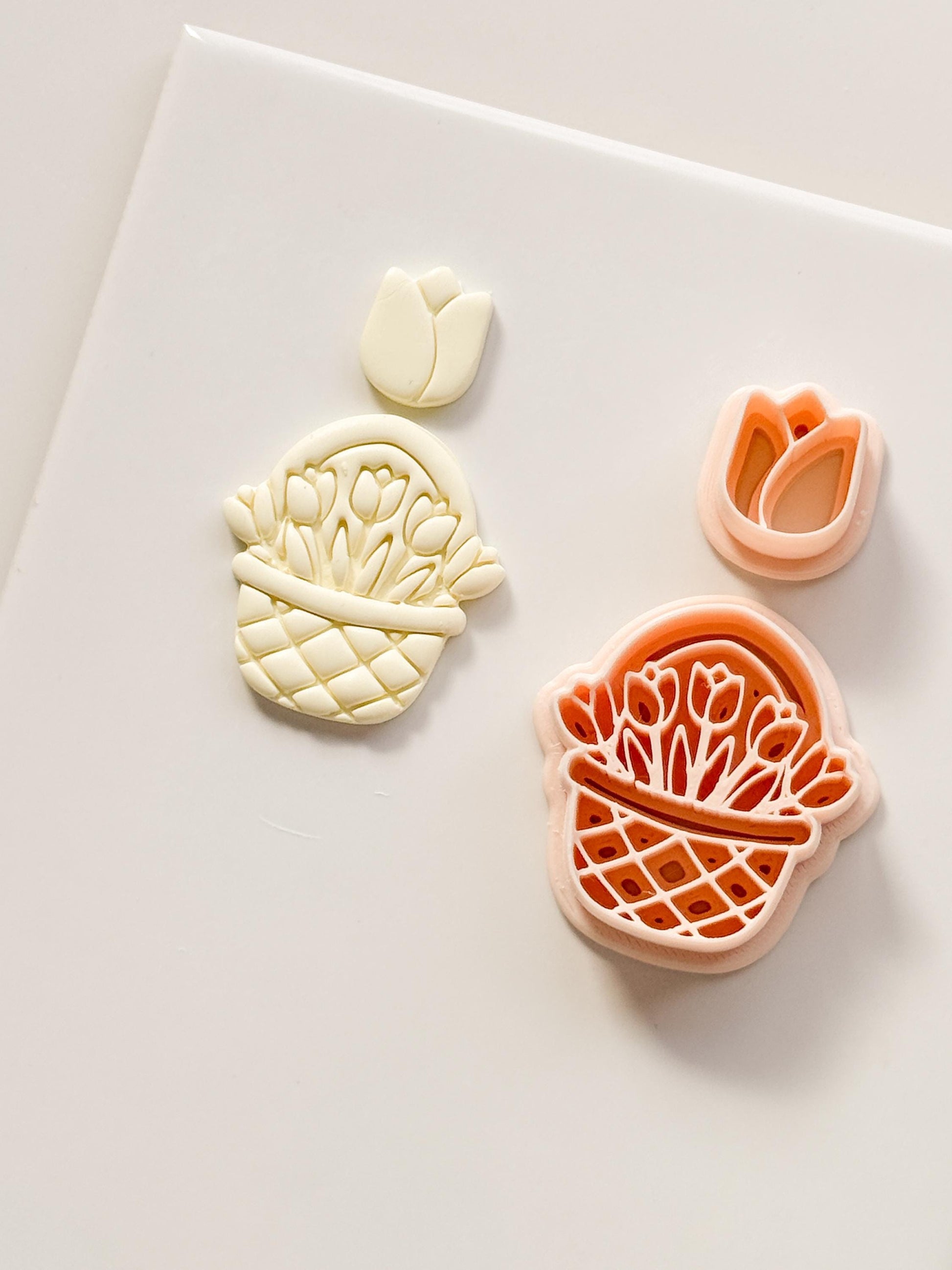 Tulip Basket Polymer Clay Cutter: Embossed Floral Set & Mini Bloom for Spring