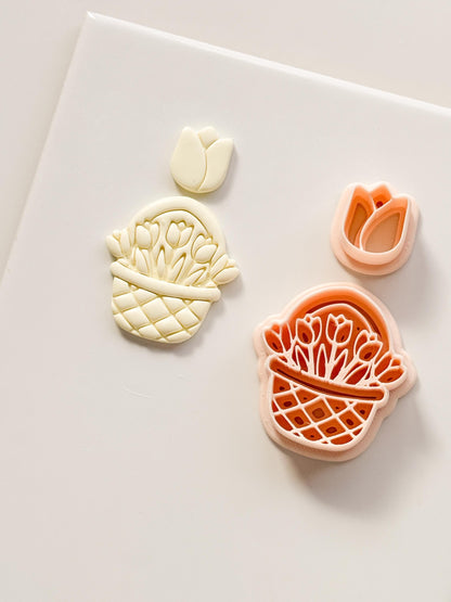 Tulip Basket Polymer Clay Cutter: Embossed Floral Set & Mini Bloom for Spring